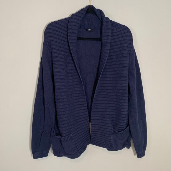 J. Peterman dark navy blue high low thick knit open front cardigan sweater - Picture 1 of 10